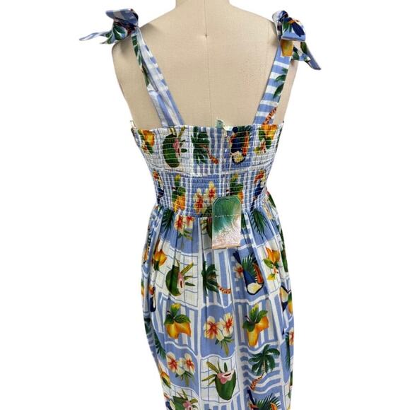 True Destinations Resort Wear Cotton Maxi Dress Tropical Print Tie Shoulder M - Picture 3 of 7